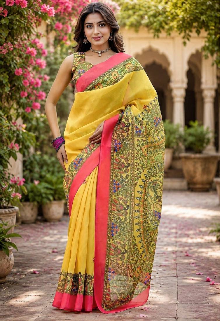 Yellow linen digital print work saree with unstitched blouse piece