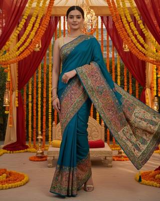 Blue viscose silk position print saree with contrast blouse piece 3