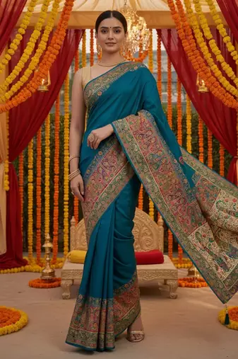 Blue viscose silk position print saree with contrast blouse piece