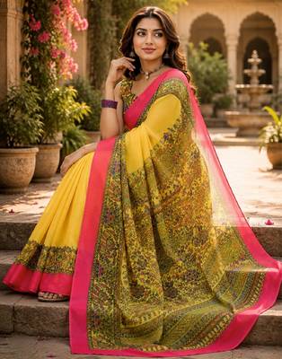 Yellow linen digital print work saree with unstitched blouse piece 2