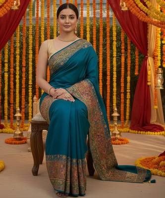 Blue viscose silk position print saree with contrast blouse piece 4