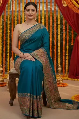 Blue viscose silk position print saree with contrast blouse piece