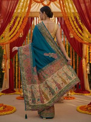 Blue viscose silk position print saree with contrast blouse piece 5