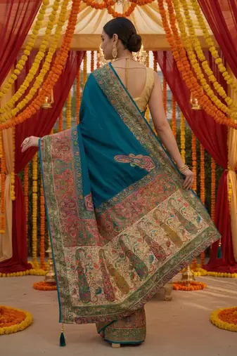 Blue viscose silk position print saree with contrast blouse piece