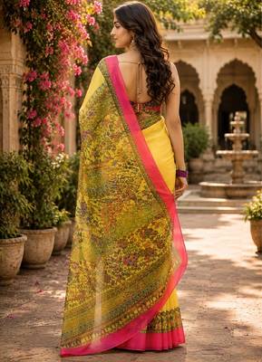 Yellow linen digital print work saree with unstitched blouse piece 3