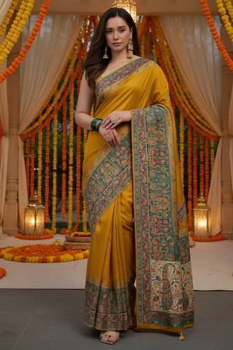 Mustard viscose silk position print saree with contrast blouse piece