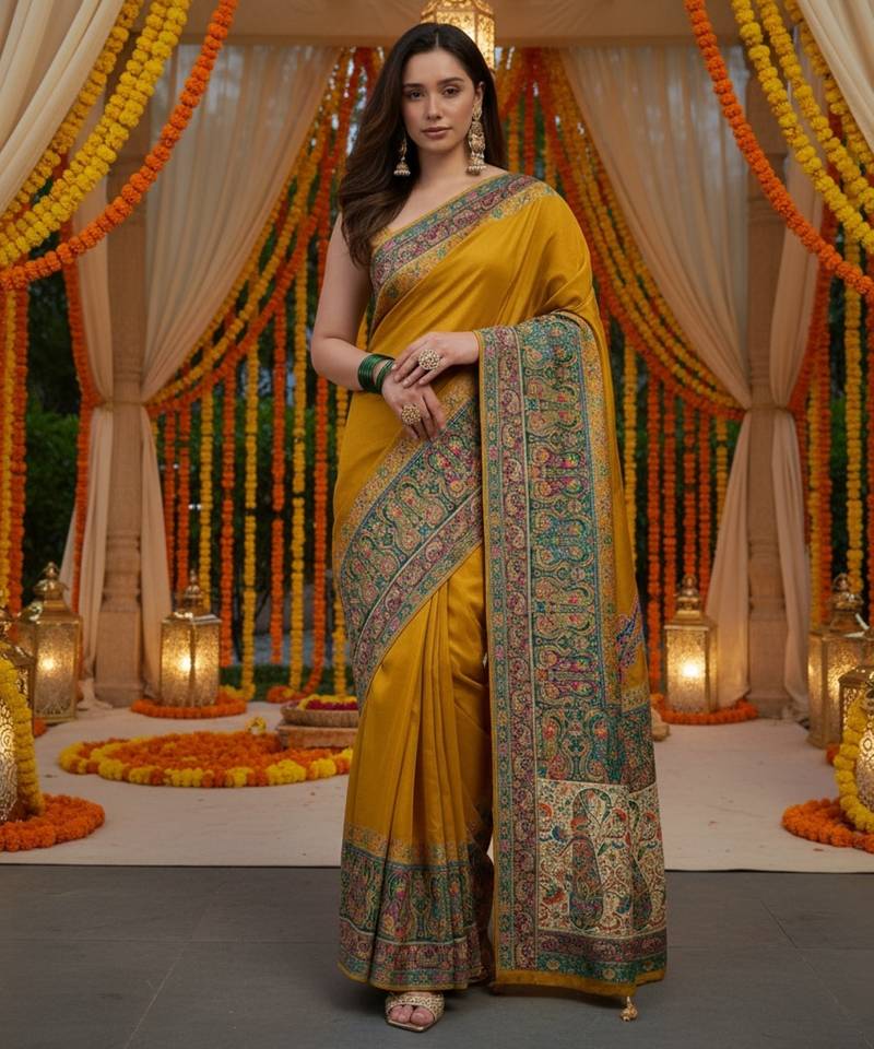 Mustard viscose silk position print saree with contrast blouse piece