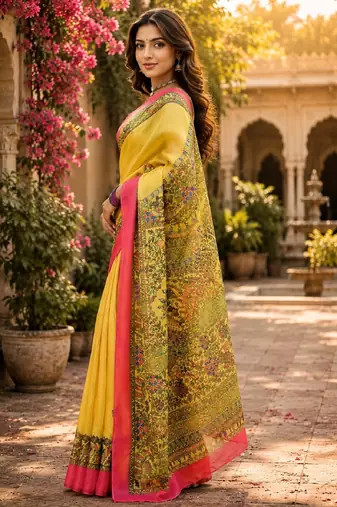 Yellow linen digital print work saree with unstitched blouse piece