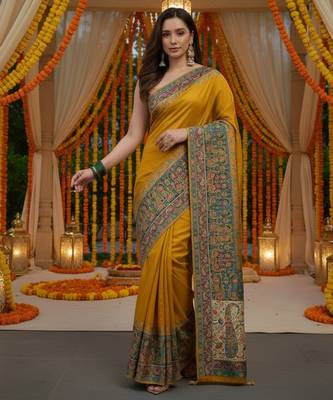 Mustard viscose silk position print saree with contrast blouse piece 2