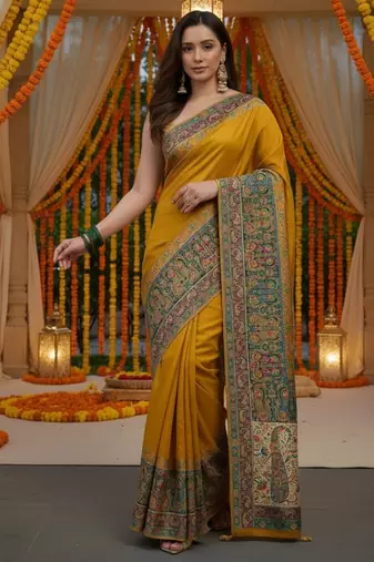 Mustard viscose silk position print saree with contrast blouse piece