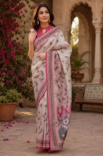 White pink linen digital print work saree with unstitched blouse piece