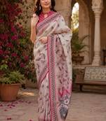 White pink linen digital print work saree with unstitched blouse piece
