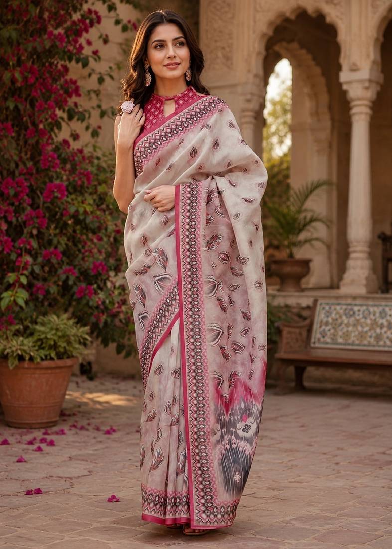 White pink linen digital print work saree with unstitched blouse piece
