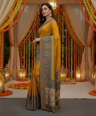 Mustard viscose silk position print saree with contrast blouse piece 3
