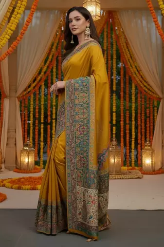 Mustard viscose silk position print saree with contrast blouse piece