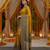 Mustard viscose silk position print saree with contrast blouse piece