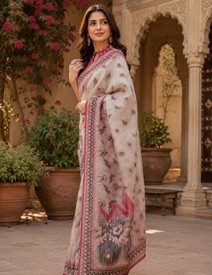White pink linen digital print work saree with unstitched blouse piece 2