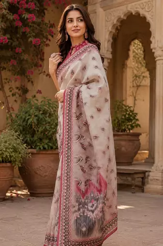 White pink linen digital print work saree with unstitched blouse piece