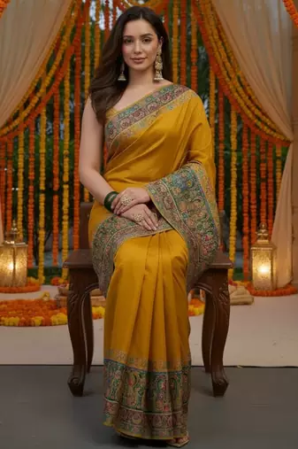 Mustard viscose silk position print saree with contrast blouse piece