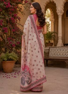 White pink linen digital print work saree with unstitched blouse piece 3