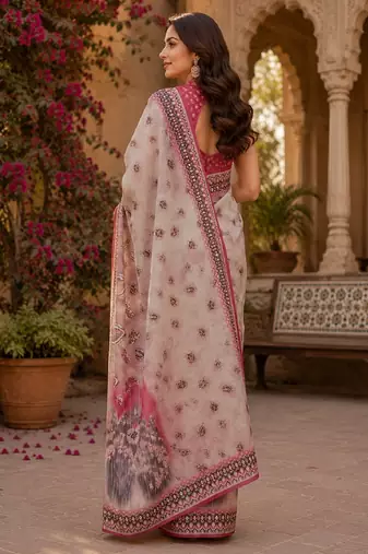 White pink linen digital print work saree with unstitched blouse piece