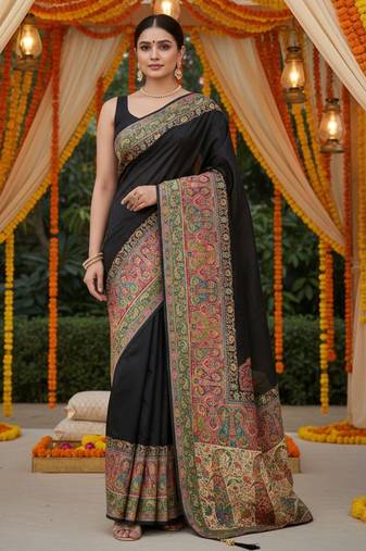 Black viscose silk position print saree with contrast blouse piece