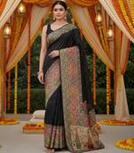 Black viscose silk position print saree with contrast blouse piece