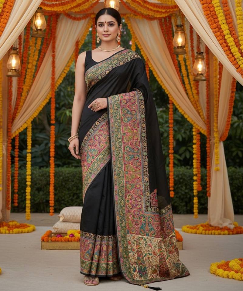 Black viscose silk position print saree with contrast blouse piece