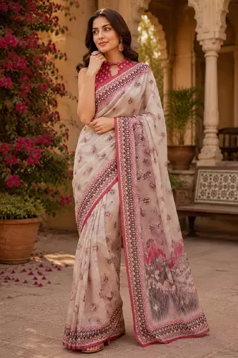 White pink linen digital print work saree with unstitched blouse piece