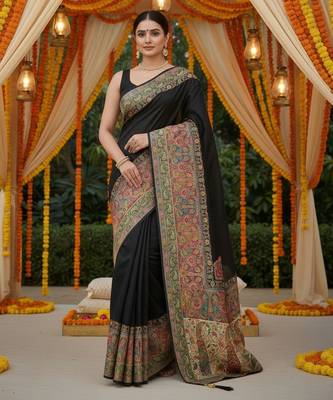 Black viscose silk position print saree with contrast blouse piece 2