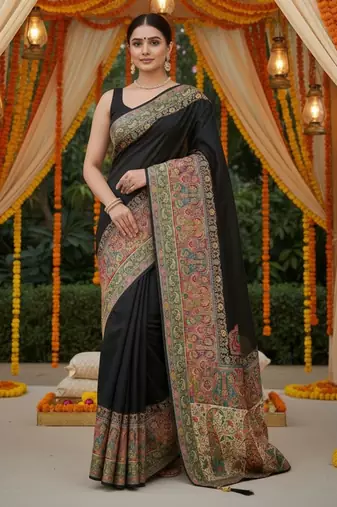 Black viscose silk position print saree with contrast blouse piece