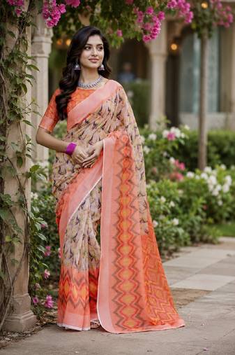 Off white orange linen digital print work saree with unstitched blouse piece