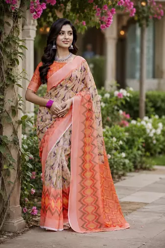 Off white orange linen digital print work saree with unstitched blouse piece