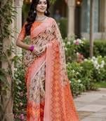 Off white orange linen digital print work saree with unstitched blouse piece