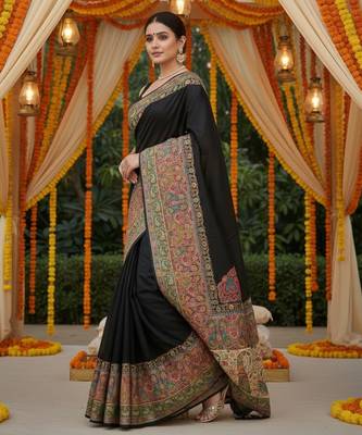 Black viscose silk position print saree with contrast blouse piece 3