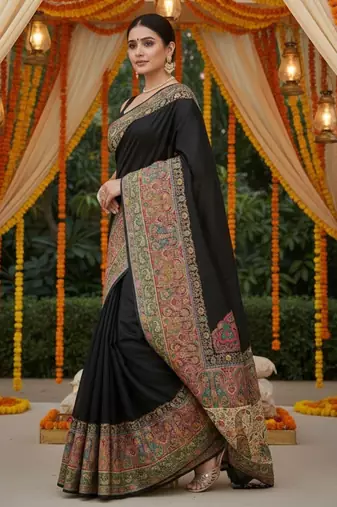 Black viscose silk position print saree with contrast blouse piece