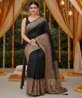 Black viscose silk position print saree with contrast blouse piece 4