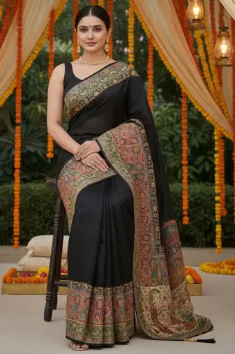 Black viscose silk position print saree with contrast blouse piece