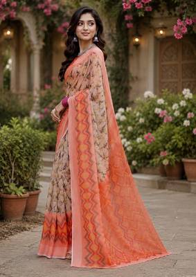 Off white orange linen digital print work saree with unstitched blouse piece 2