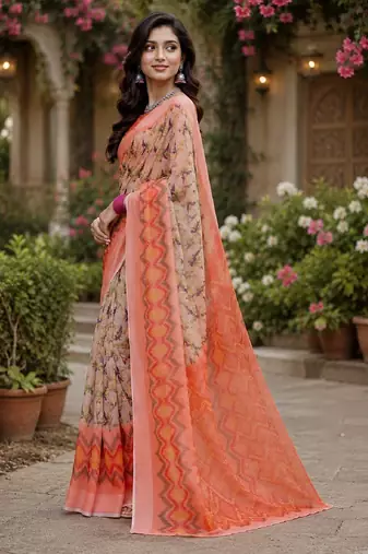 Off white orange linen digital print work saree with unstitched blouse piece