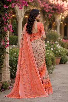 Off white orange linen digital print work saree with unstitched blouse piece 3