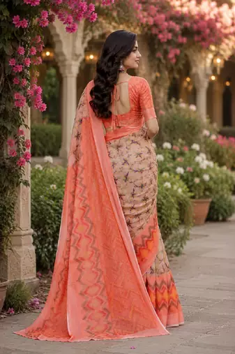 Off white orange linen digital print work saree with unstitched blouse piece