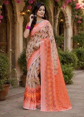 Off white orange linen digital print work saree with unstitched blouse piece 4