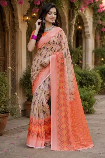 Off white orange linen digital print work saree with unstitched blouse piece
