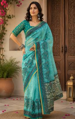 Sky blue rama linen digital print work saree with unstitched blouse piece 1