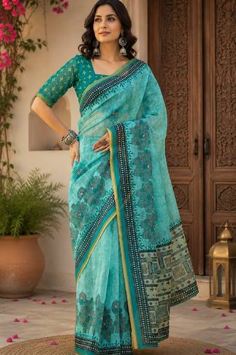 Sky blue rama linen digital print work saree with unstitched blouse piece