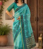 Sky blue rama linen digital print work saree with unstitched blouse piece