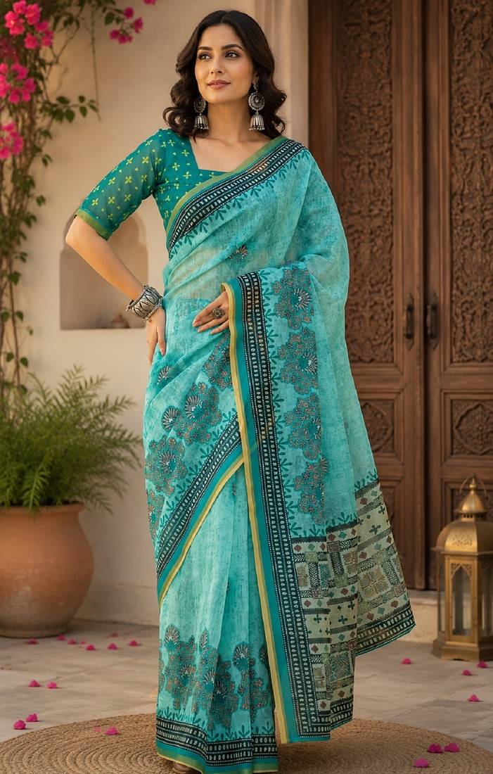 Sky blue rama linen digital print work saree with unstitched blouse piece