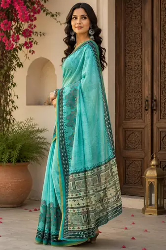 Sky blue rama linen digital print work saree with unstitched blouse piece