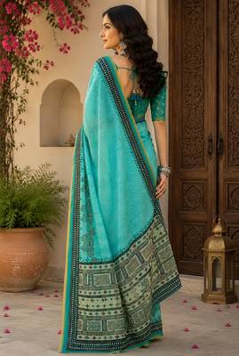Sky blue rama linen digital print work saree with unstitched blouse piece 3